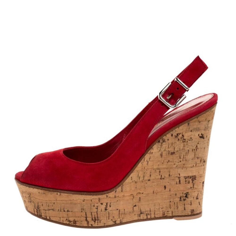 Gianvito Rossi Red Suede Leather Cork Wedge Peep Toe Platform Slingback Sandals - Picture 2 of 4